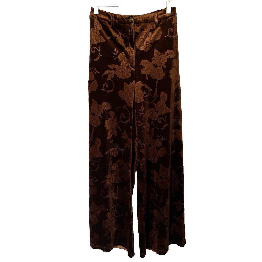 Bohemian Womens Wide Leg Velvet Pants‎ M Brown Jacquard Whimsical Dark Romantic